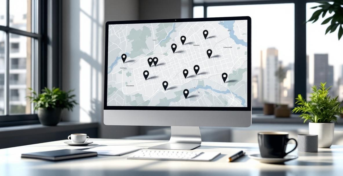 Minimalistic workspace showing a digital map with business cards and documents, symbolizing local SEO efforts.