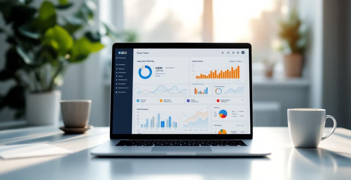 Laptop showing SEO dashboard with charts and graphs in an office setting.