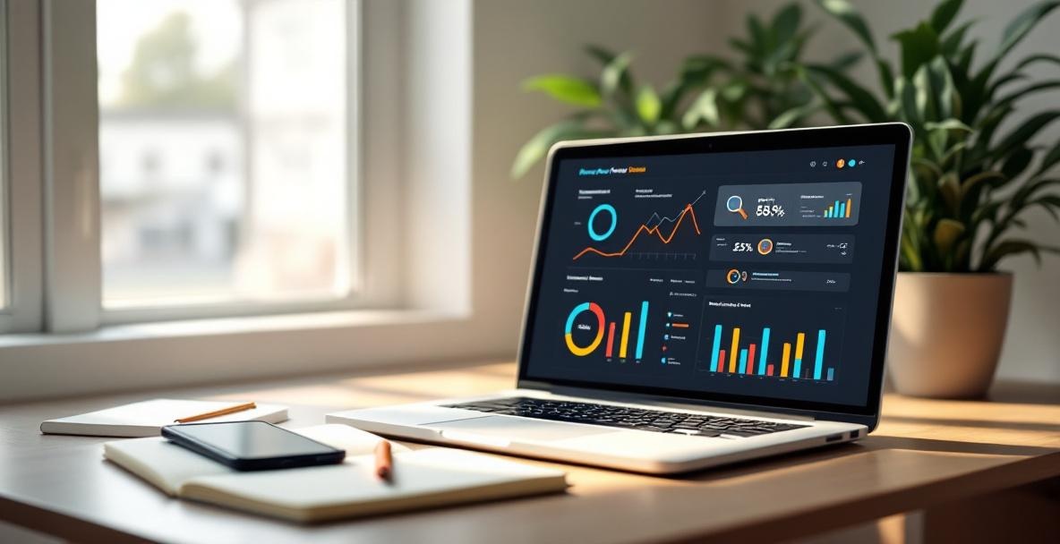 Workspace with laptop showing keyword data charts, smartphone, and notebook on a desk.