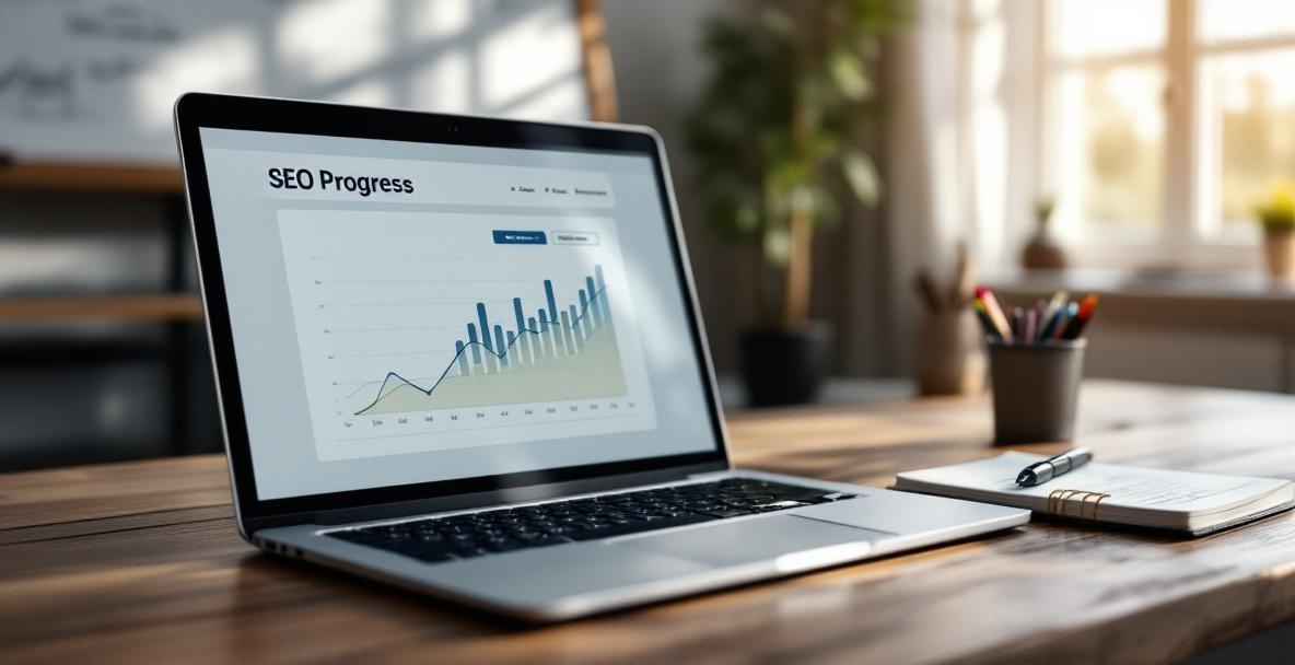 Sleek laptop on desk with SEO graph, notepad, and blurred whiteboard in a business workspace.