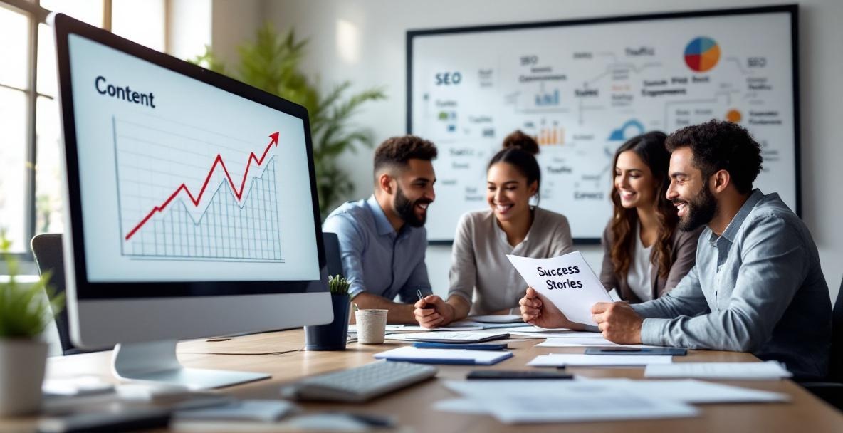 Office workspace focusing on digital strategy with graph, notepad, and diverse team discussing SEO.