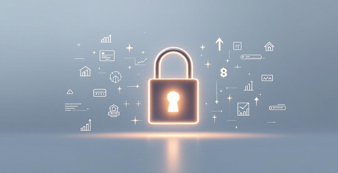 Modern key in a glowing lock with digital icons depicting keyword optimization concepts.