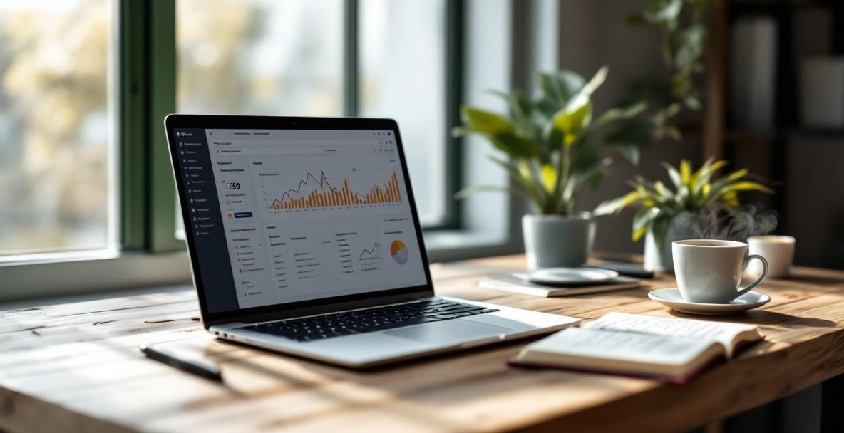 Workspace with a laptop showing analytics, notebook with keyword notes, coffee, and a plant by a window.