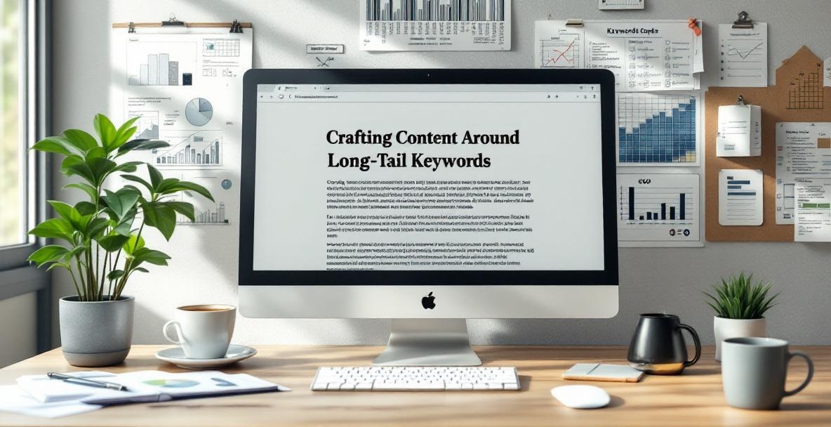 Workspace with a CMS screen showing an article draft on long-tail keywords, surrounded by SEO notes and a coffee cup.