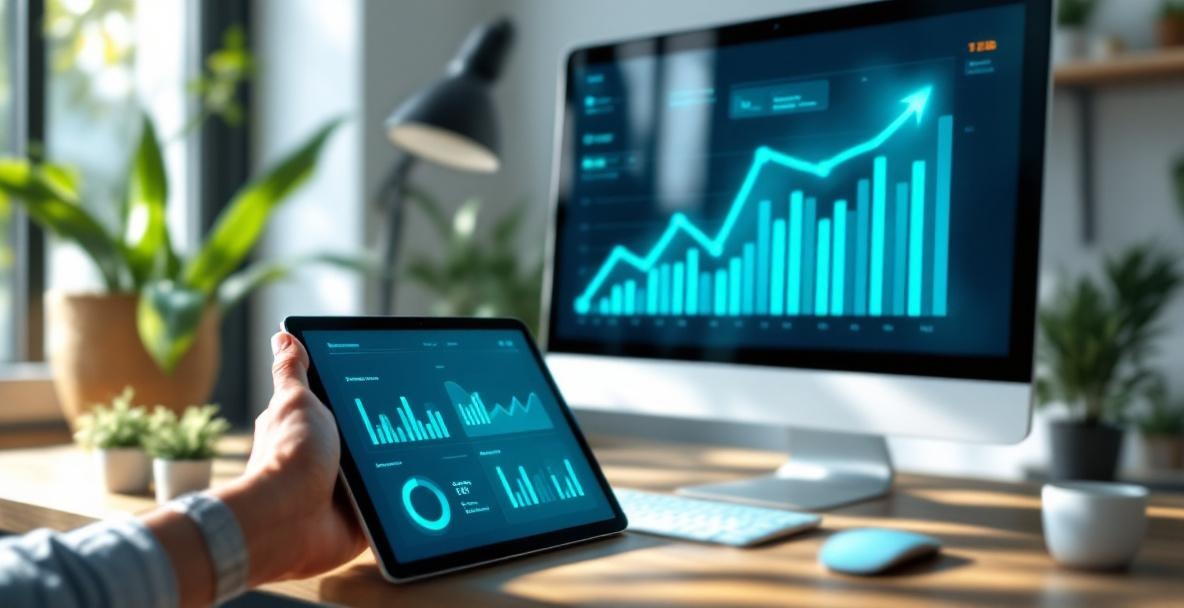 Modern office with a focus on digital tools for optimizing long-tail keywords.