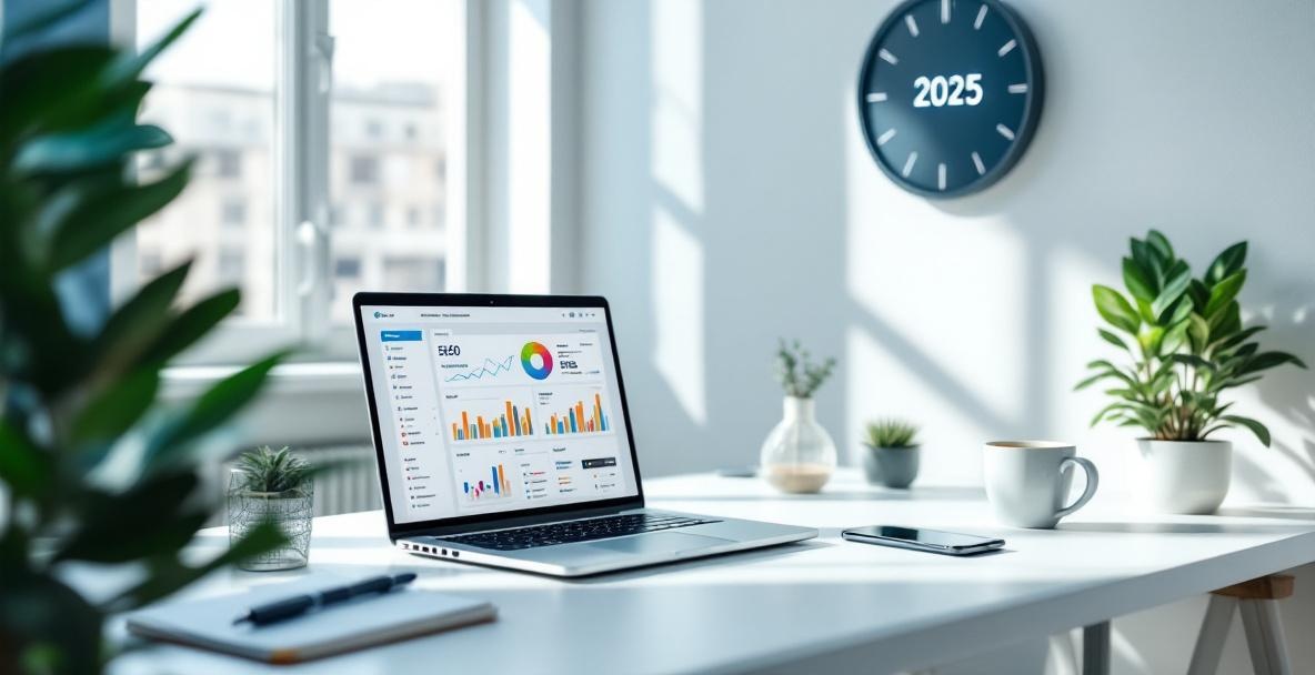 Modern office with laptop showing SEO dashboard, notepad, coffee mug, smartphone, and digital clock in 2025.