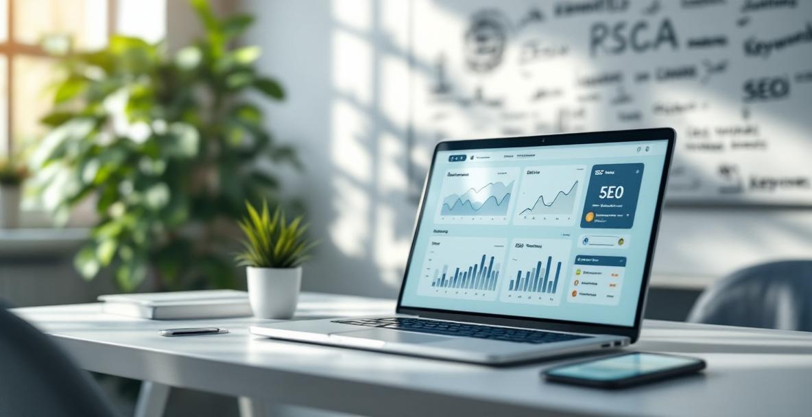 Modern office setup with laptop showing SEO analytics, smartphone, and a potted plant signifying growth.