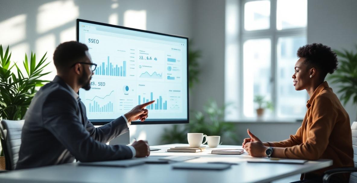 Team discusses data on SEO tools dashboard in a sunlit office.