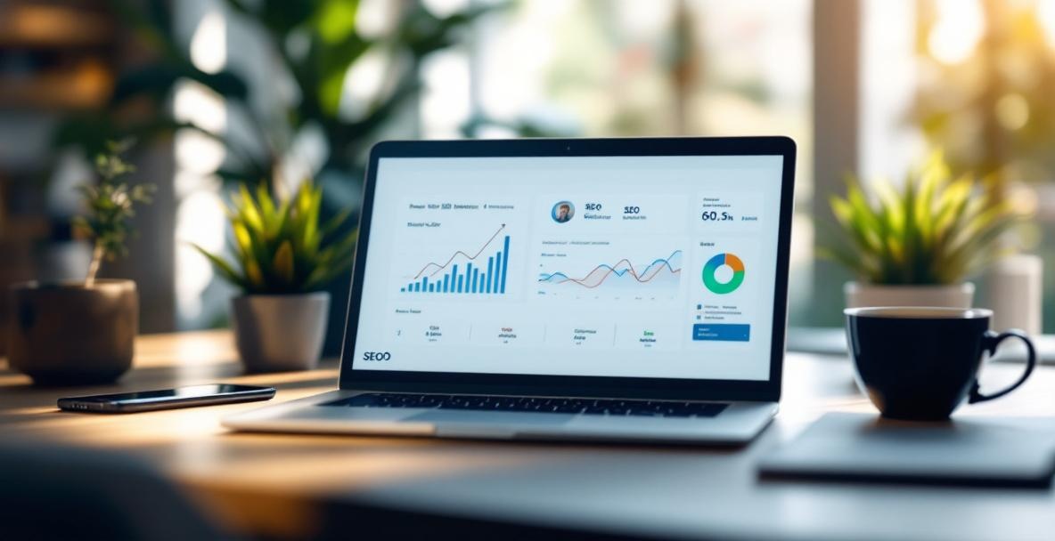 Workspace with laptop displaying SEO dashboard, rising graphs, and notifications on a smartphone.