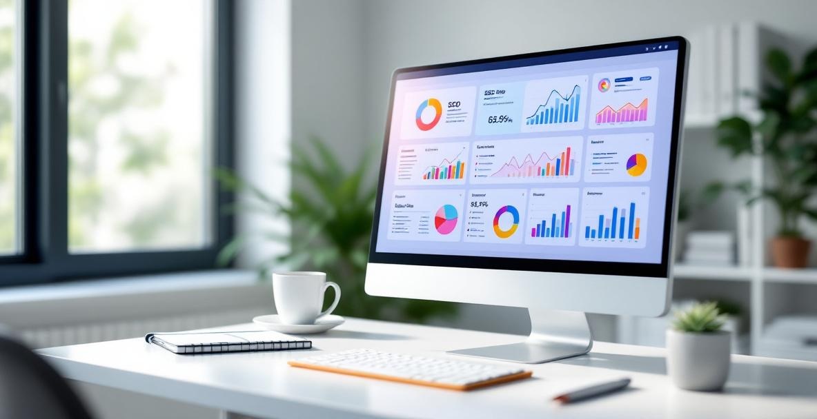 Modern workspace with a computer showing SEO tools and analytics graphs.