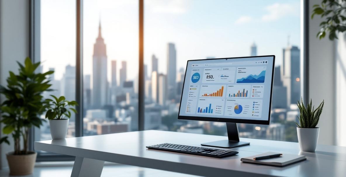 Sleek office desk with SEO tools on screen, city skyline in background.