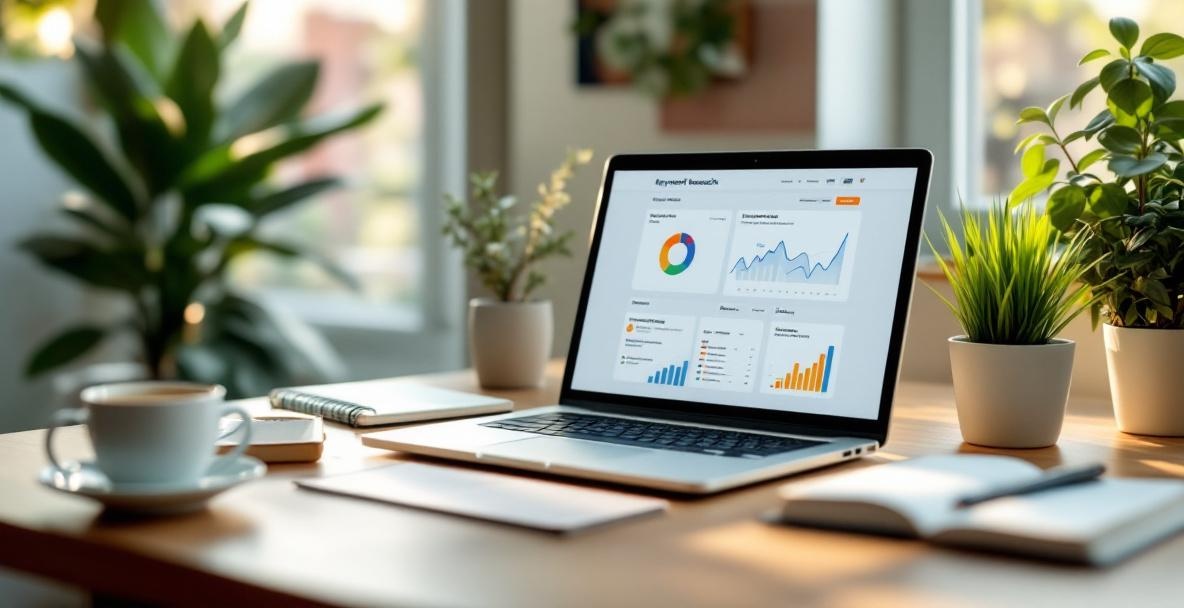 Office setting with a laptop showing keyword analytics, a notebook, coffee cup, and plant on a desk.