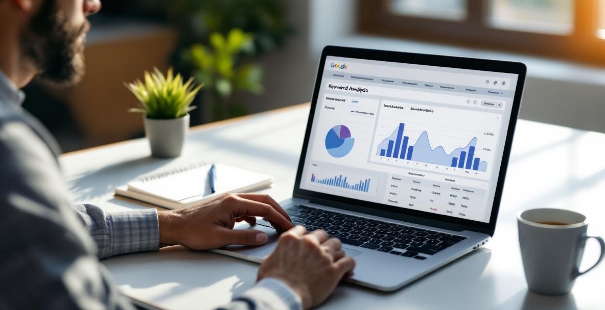 Business professional researching keywords at a modern desk.