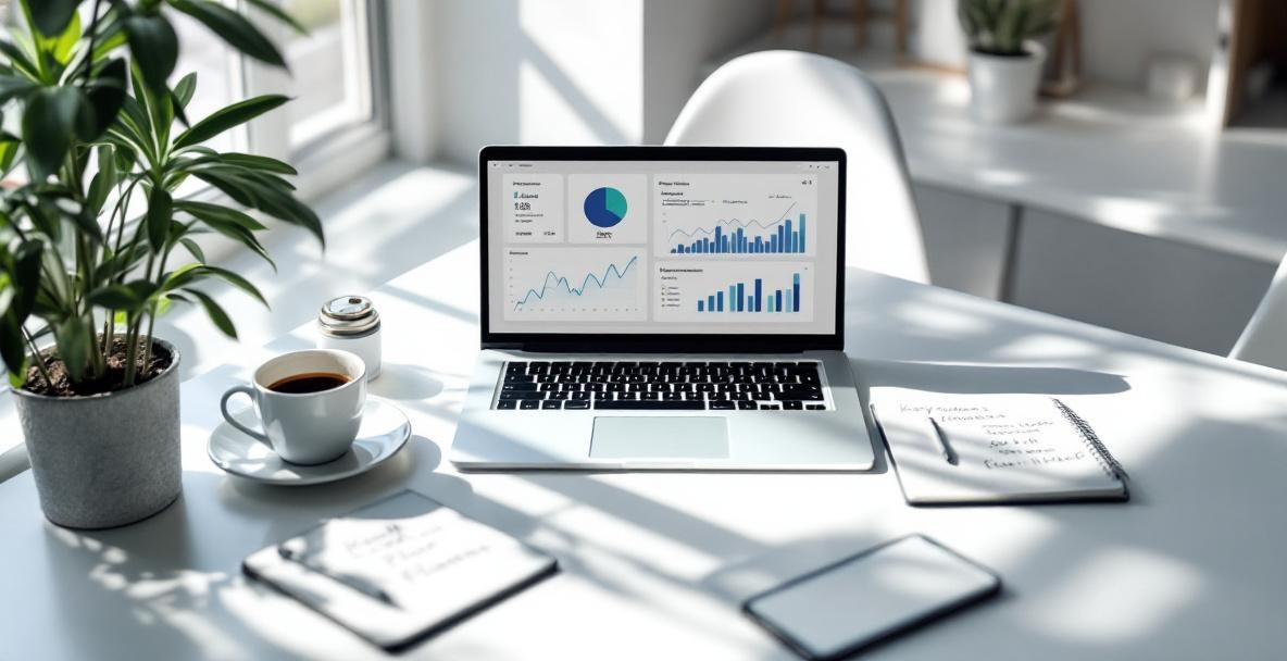 Modern workspace with a laptop, keyword tools, notepad, smartphone, and coffee on a sunlit desk.