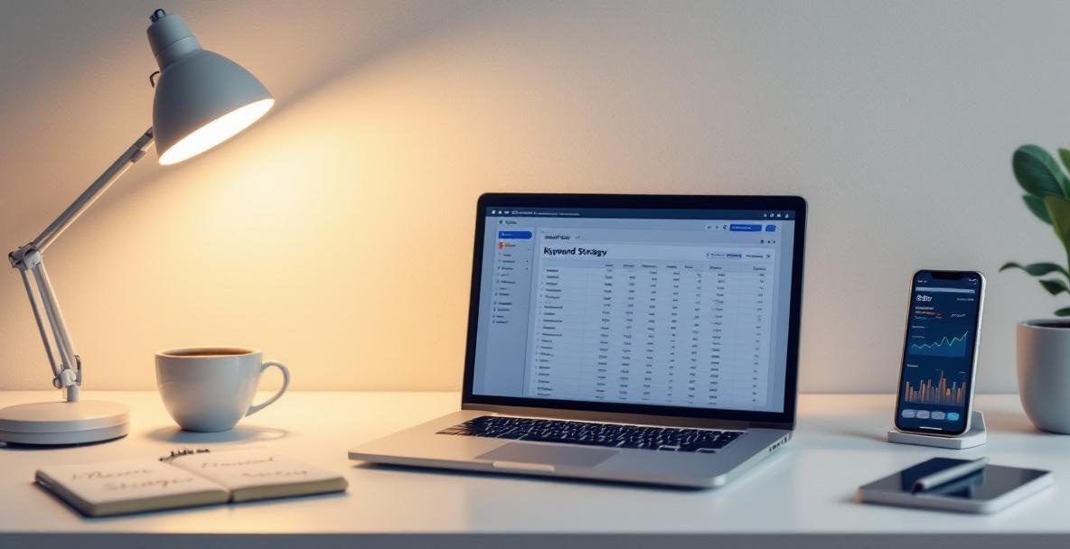 Organized workspace with laptop showing keyword strategy, surrounded by a notepad, coffee, and smartphone.