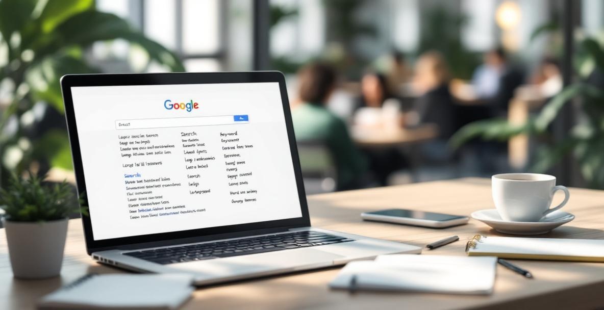 Workspace featuring laptop with extended search phrases and notes illustrating long-tail keywords concept.