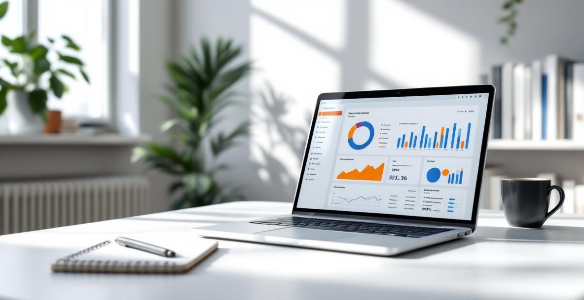 Minimalist home office with laptop showing data analytics dashboard, notepad, and daylight from window.