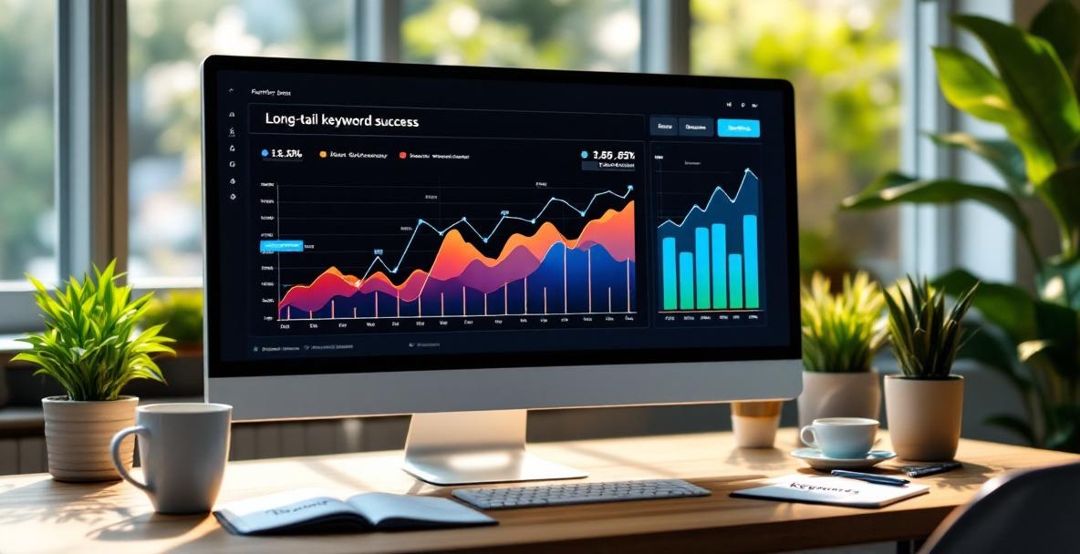 Modern workspace with a computer showing a graph of long-tail keyword success, notepad, and coffee cup.