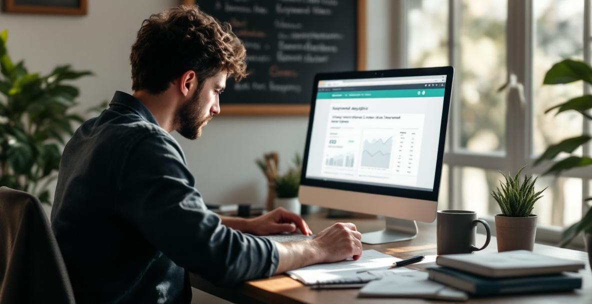 Content creator working at a desk with a keyword analysis tool on screen.