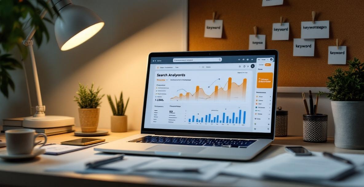 Workspace with laptop displaying search analytics dashboard on long-tail keywords, notes, and corkboard with ideas.