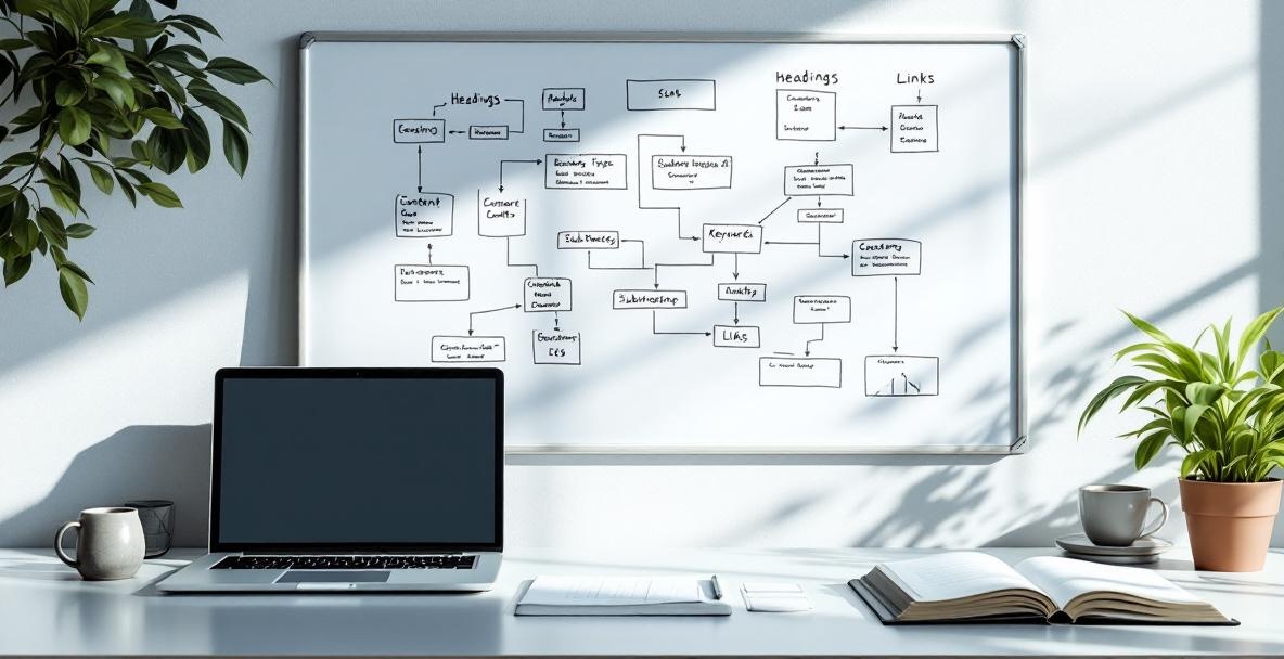 Organized whiteboard and digital tools illustrating content structure optimization for SEO.