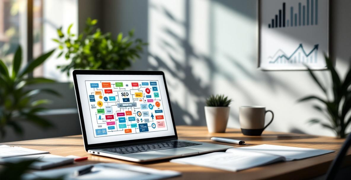 Modern workspace with a laptop showing content optimization flowchart and notes on SEO strategies.