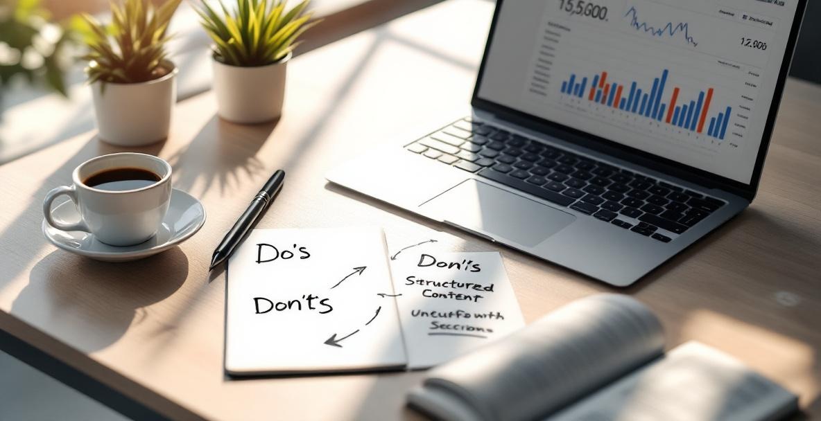 Modern desk with laptop showing SEO trends, a notepad with content tips, coffee cup, and plant.