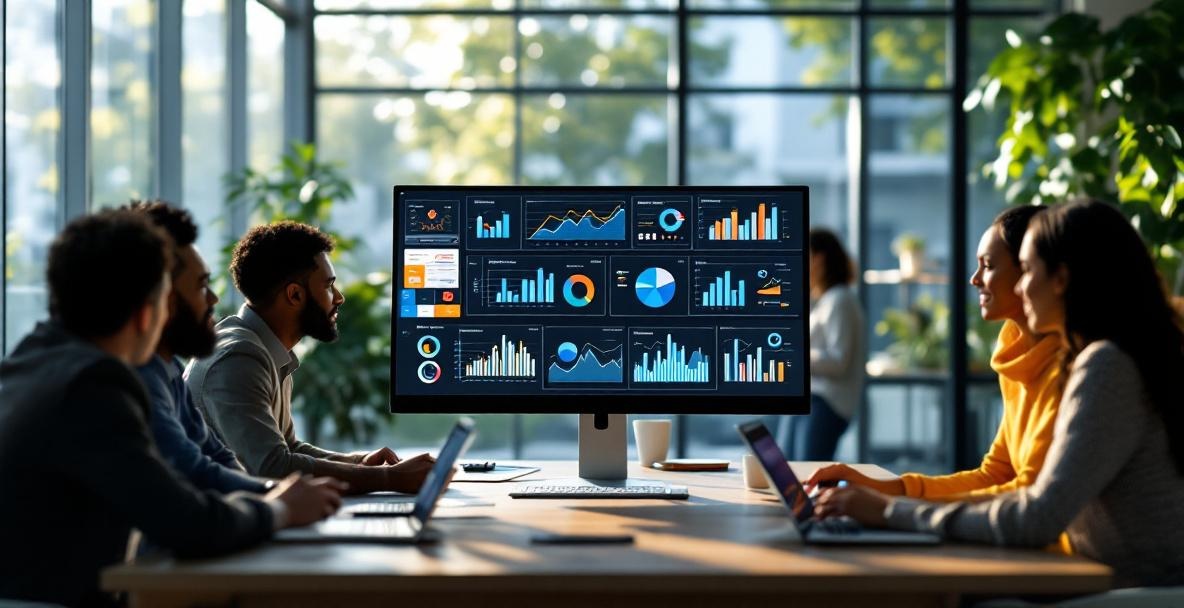 Diverse professionals collaborate on AI SEO tools in a modern office.