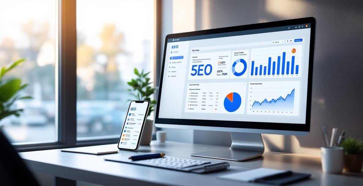 Modern workspace with AI dashboard monitoring SEO analytics on a computer monitor.