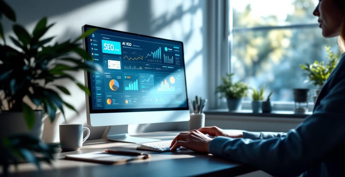 Business professional using AI SEO tools on a computer in a modern office.