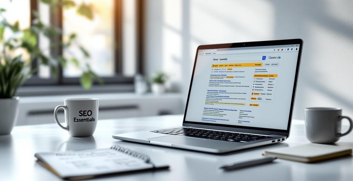 Modern desk setup with laptop showing search engine results, notepad, and SEO mug in a well-lit office.