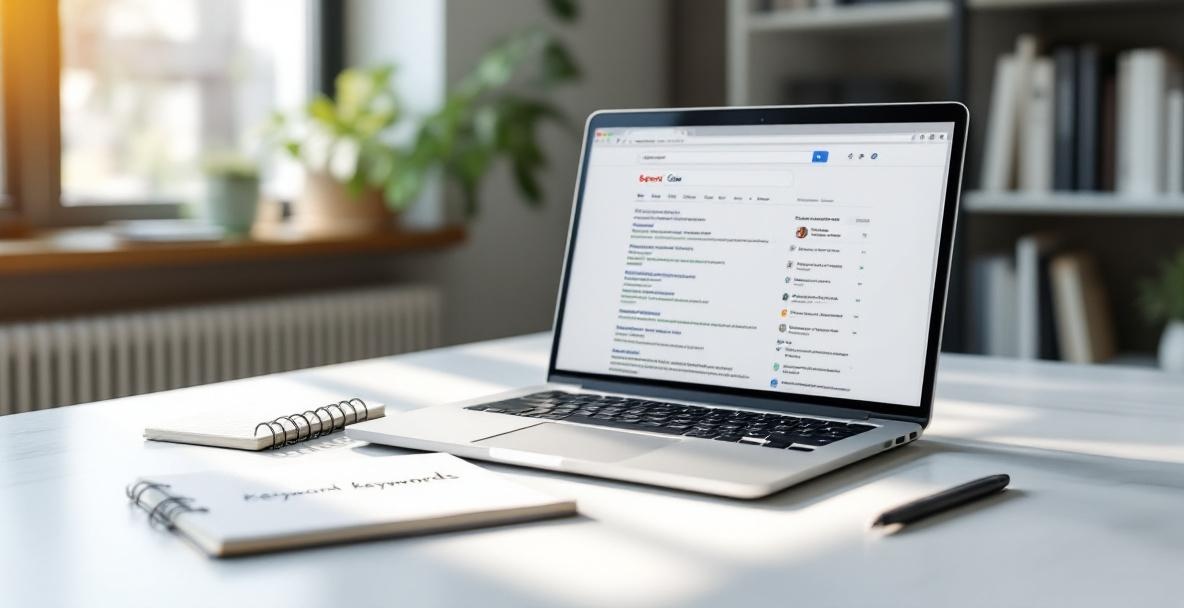 Laptop displaying search results, on a desk with a notebook and pen, in soft natural light.