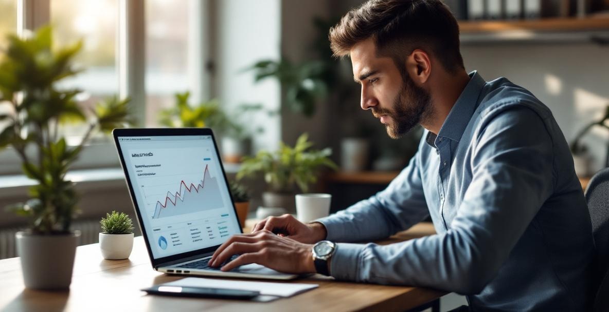 Digital marketing strategist analyzing data on a laptop with graphs and keywords, in a modern workspace.