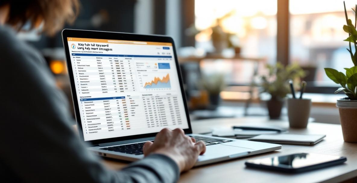 Person typing on a laptop with a spreadsheet on long-tail keyword strategies, surrounded by desk items.