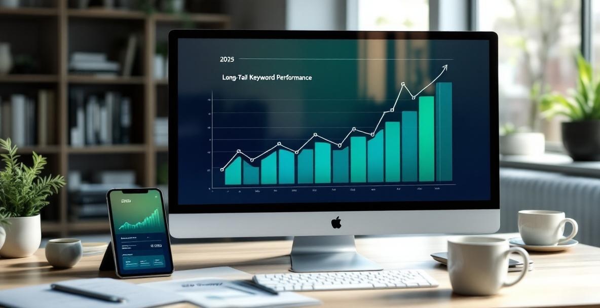 Modern digital workspace in 2025 with marketing tools and long-tail keyword graph.