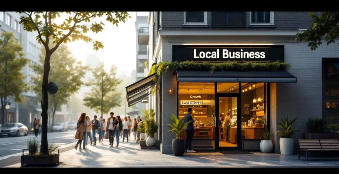 Modern minimalistic storefront with 'Local Business' sign, diverse people outside, urban street scene.