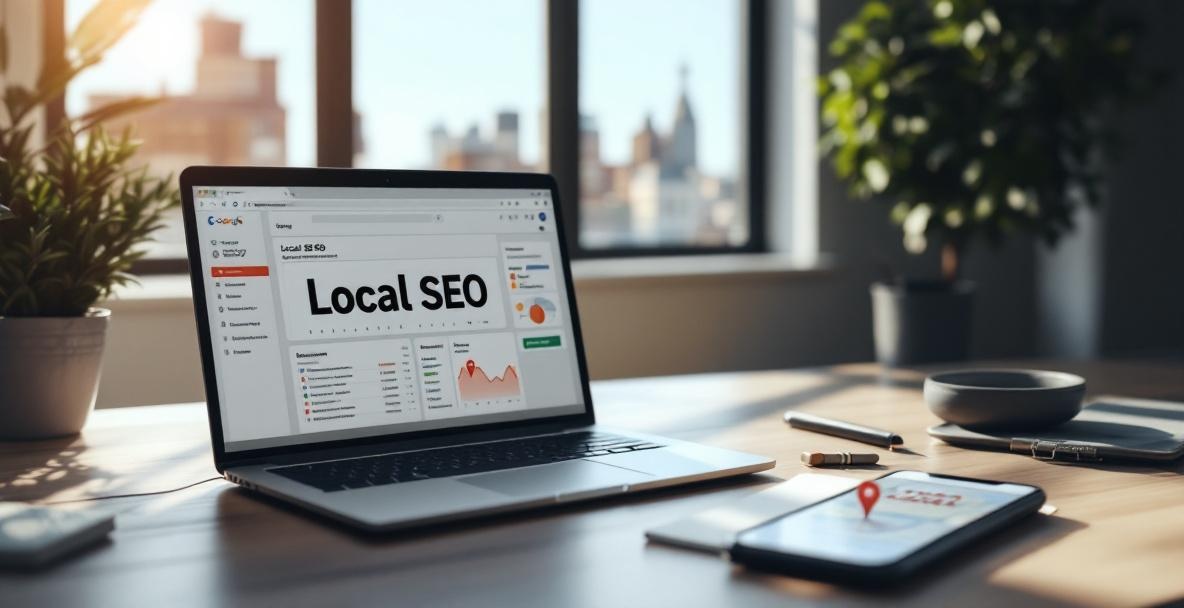 Office desk with laptop showing SEO dashboard, notepad saying 'Local SEO', and smartphone with map.