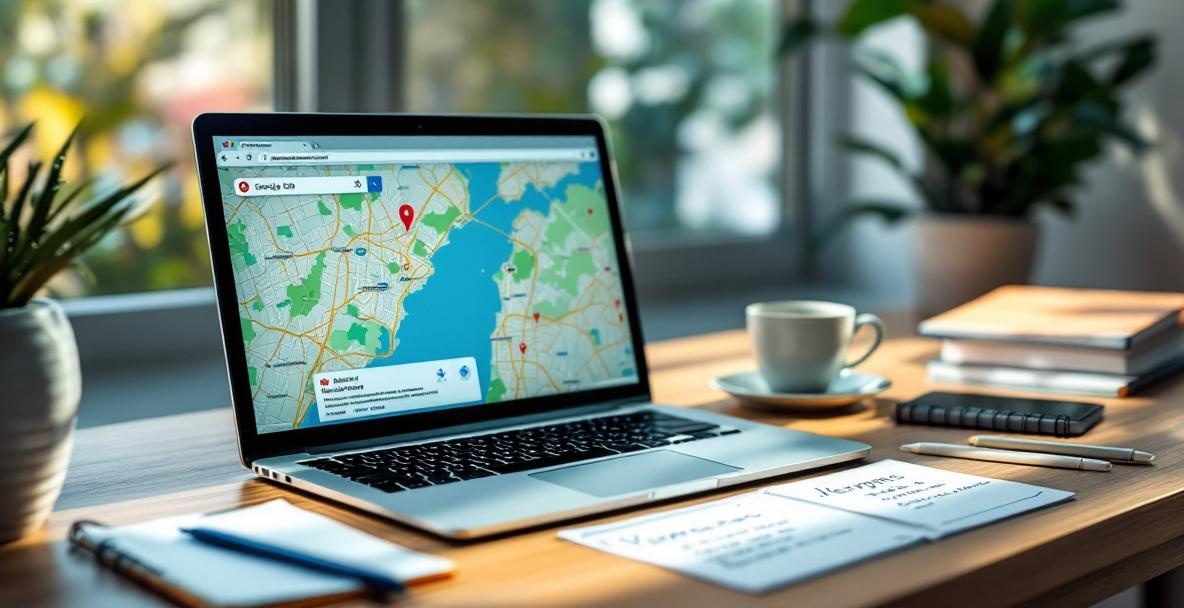 Modern workspace for local SEO with laptop showing map and keywords, notes, and coffee.
