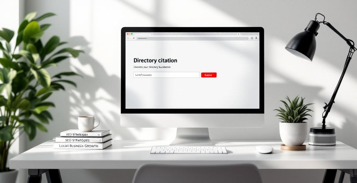 Office desk with a computer screen showing a business directory and books on SEO strategies.