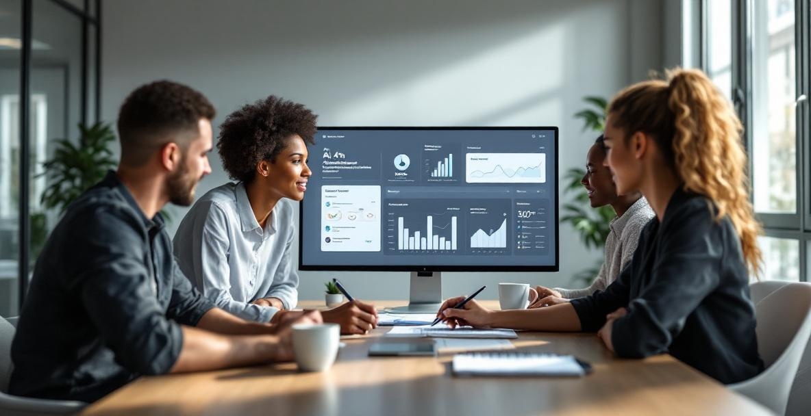 Office with diverse team using AI analytics on a monitor.