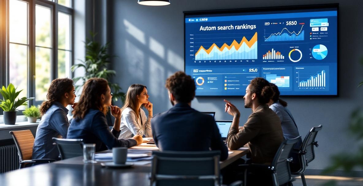 Professionals in a modern office discuss automating content creation with SEO analytics on display.