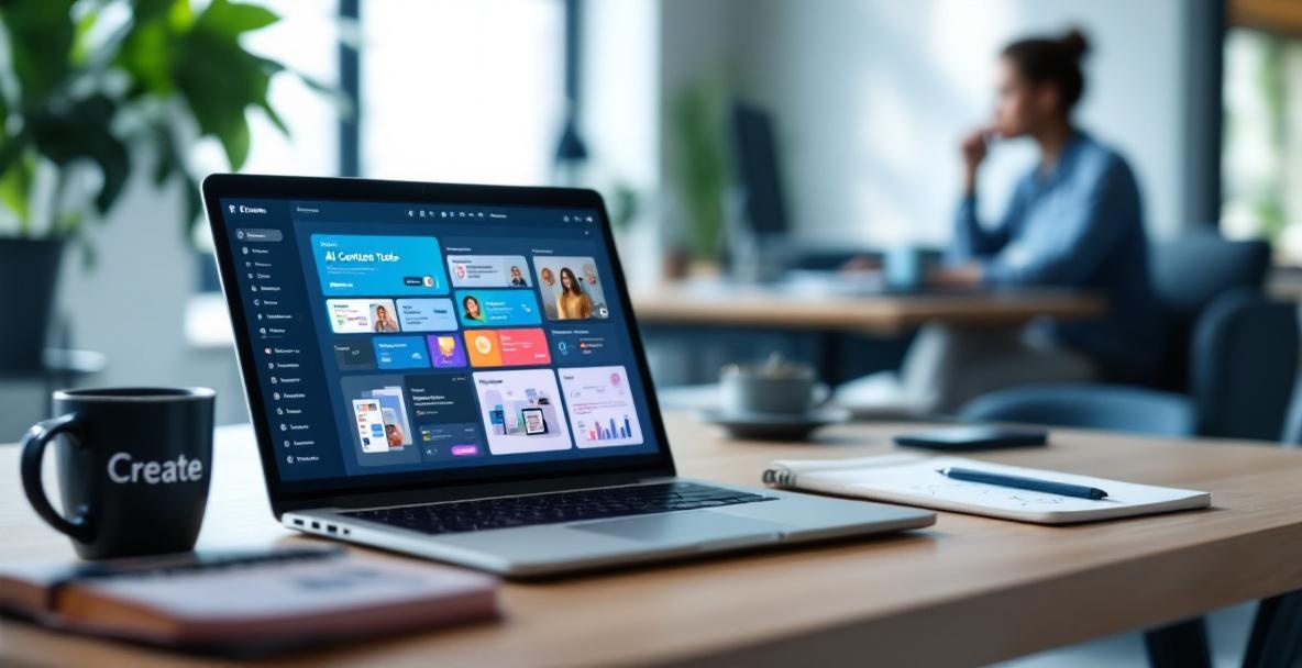 Modern office desk with a laptop displaying AI tools, notepad, coffee mug, and a blurred person in the background.