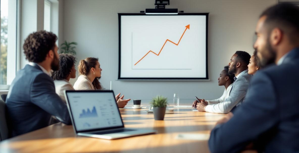 Conference room with a graph showing increased web traffic and a laptop displaying analytics data.