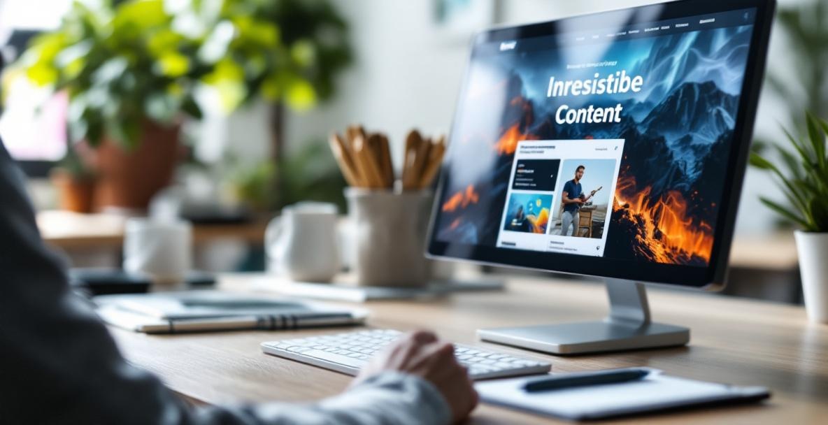 Modern workspace with a computer displaying enticing content and a notebook, symbolizing content creation.