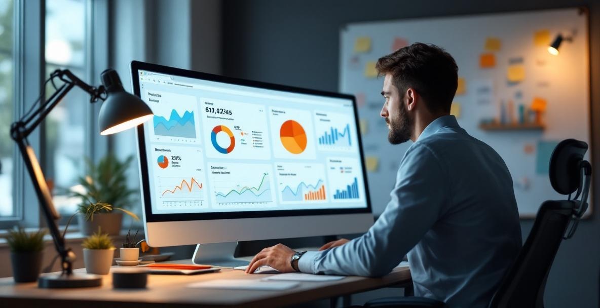 Professional analyzing website traffic data on a computer in a modern office setting.