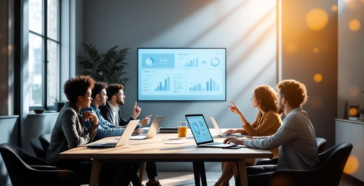 Business professionals collaborating on CRO strategies at a workshop with data visualizations on a digital dashboard.