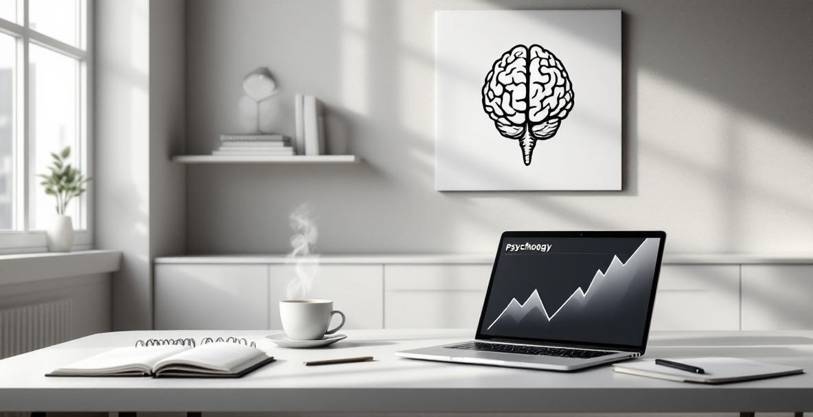Minimalist office with desk, laptop showing graph, brain illustration, and books on marketing and psychology.
