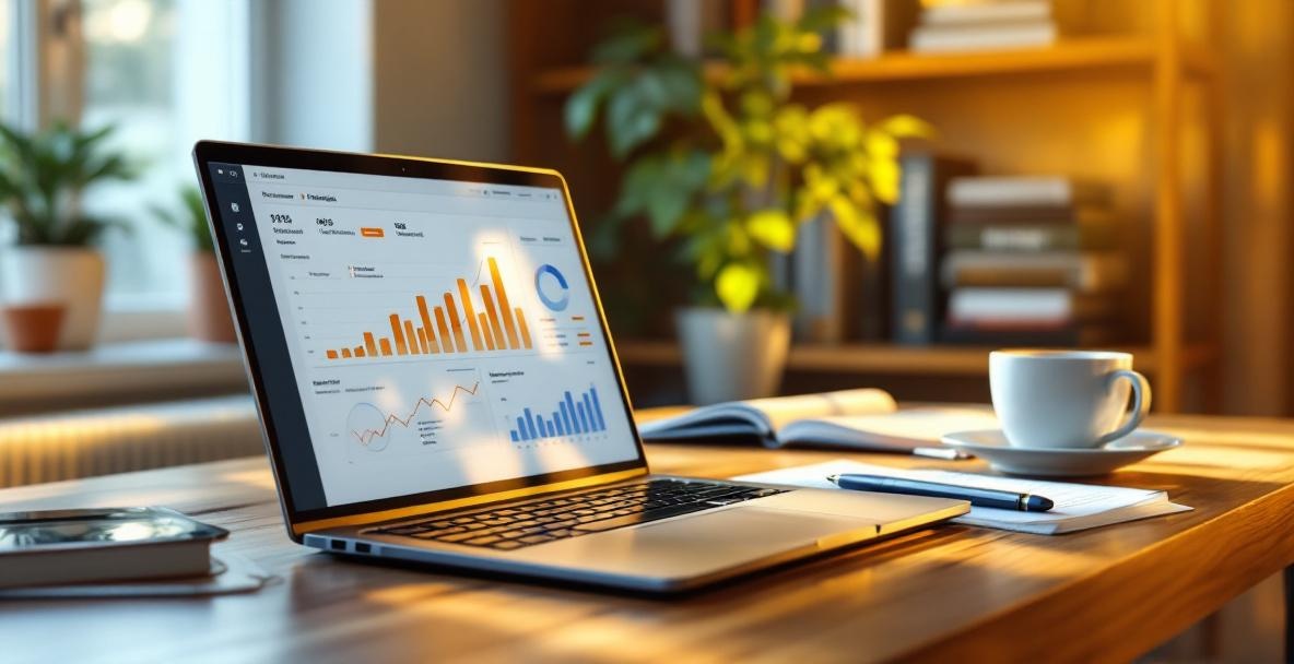 Modern workspace with a laptop showing analytics, notebook, marketing books, and a plant in warm lighting.