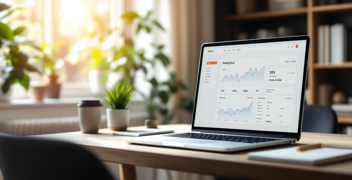 Modern home office with a laptop displaying an analytics dashboard, surrounded by a plant and notebook.