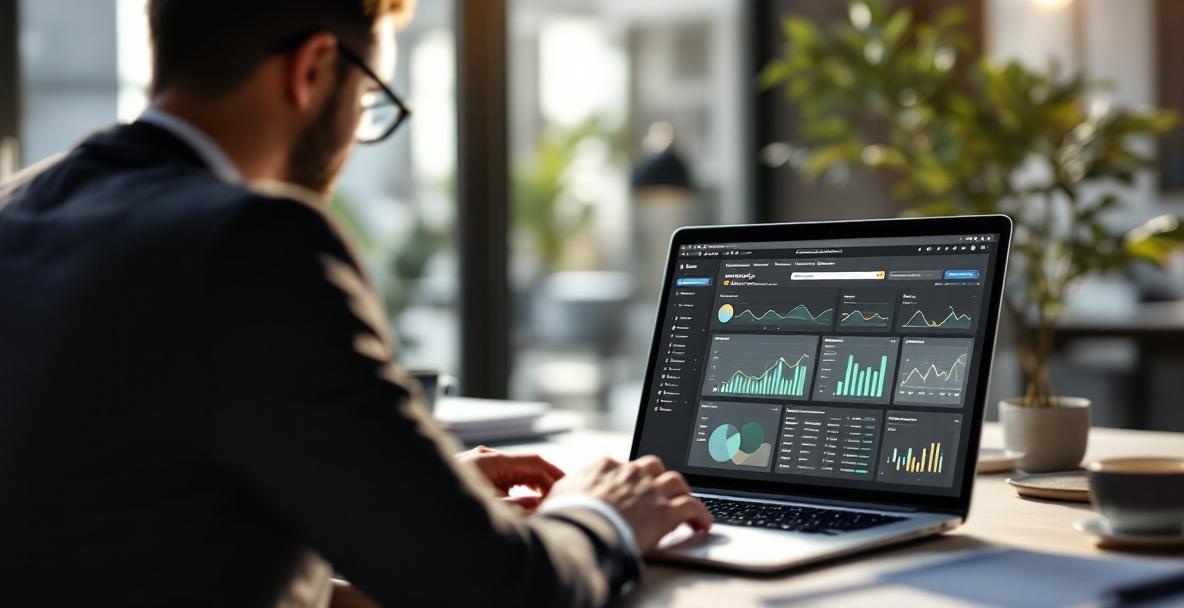 Professional analyzing keyword research tool on laptop in modern office.